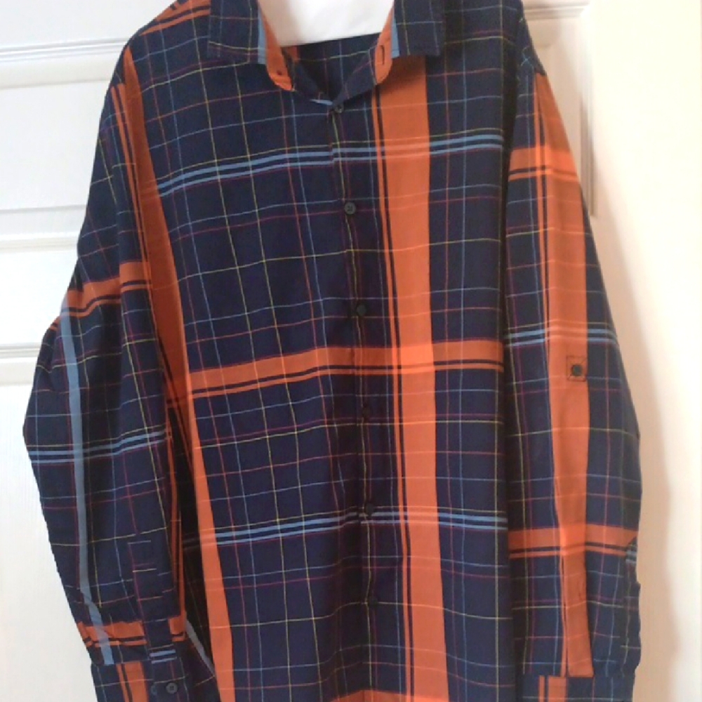 Alfani Men's Orange and Blue Plaid Shirt